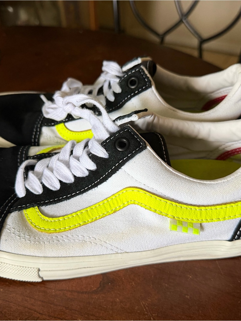 Vans ProCush White Canvas Sneakers with Neon Yellow Stripe and Black Trim